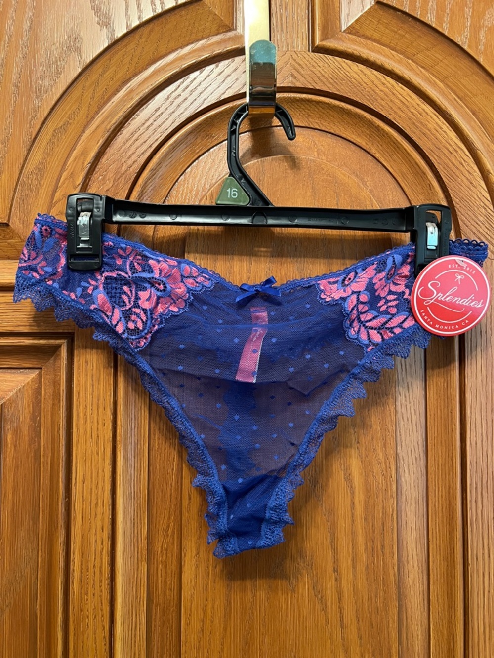 Splendies Navy and Pink Lace Mesh Thong